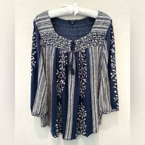 LUCKY BRAND | Plus Size Navy & Cream Boho Linen 3/4 Sleeve Peasant Top | 1X